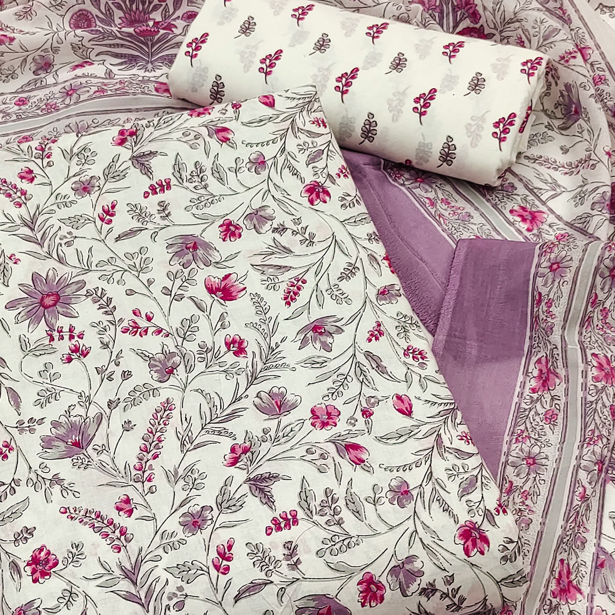 White & Purple Floral Printed Pure Cotton Dress Material