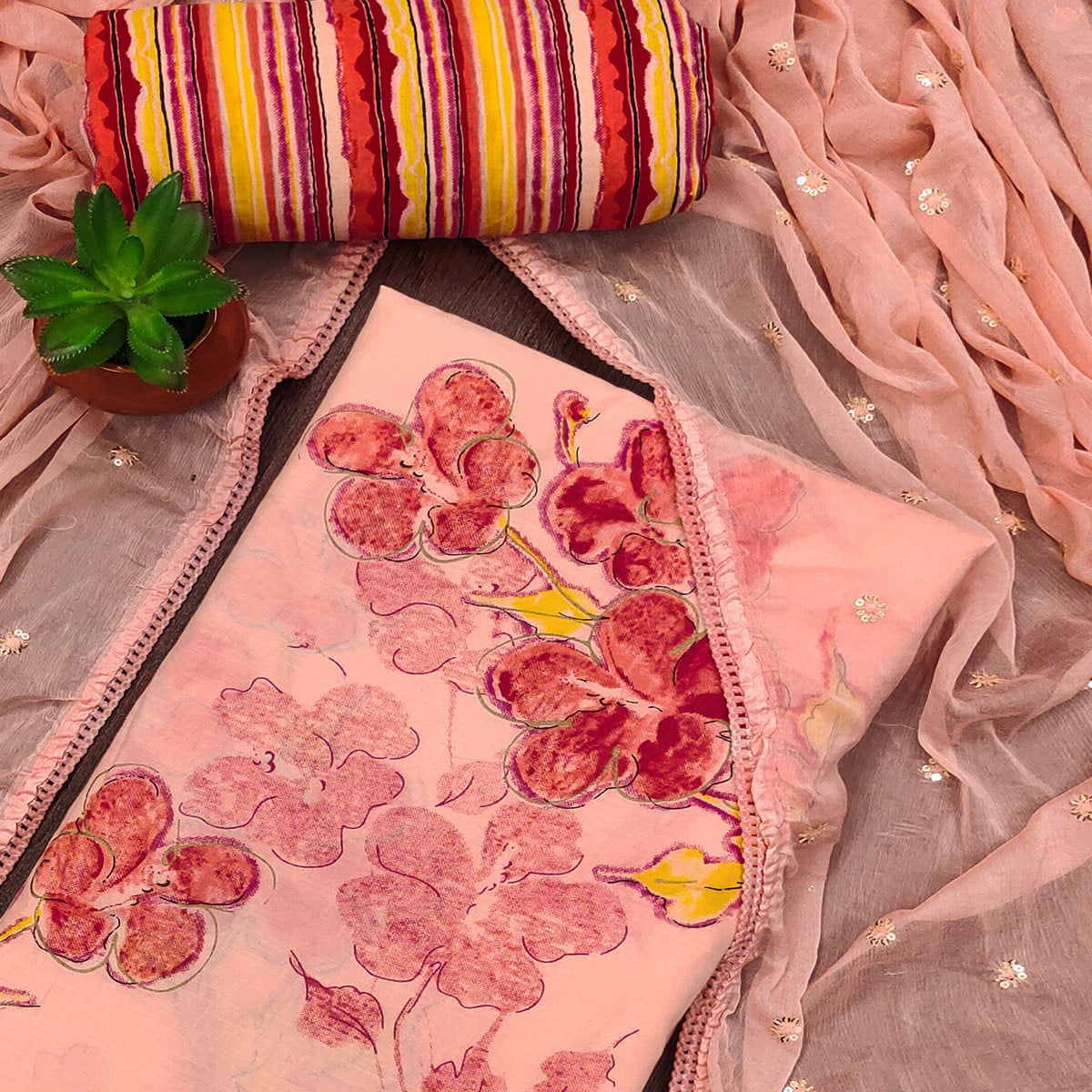 Peach Floral Printed Pure Cotton Dress Material