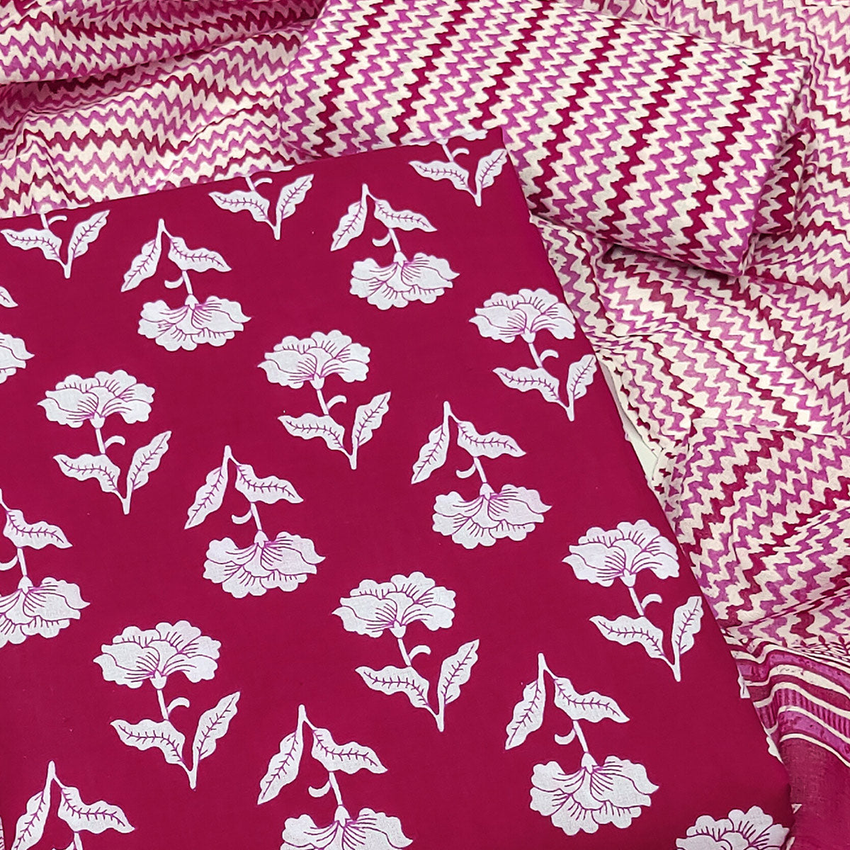 Rani Pink Floral Printed Pure Cotton Dress Material