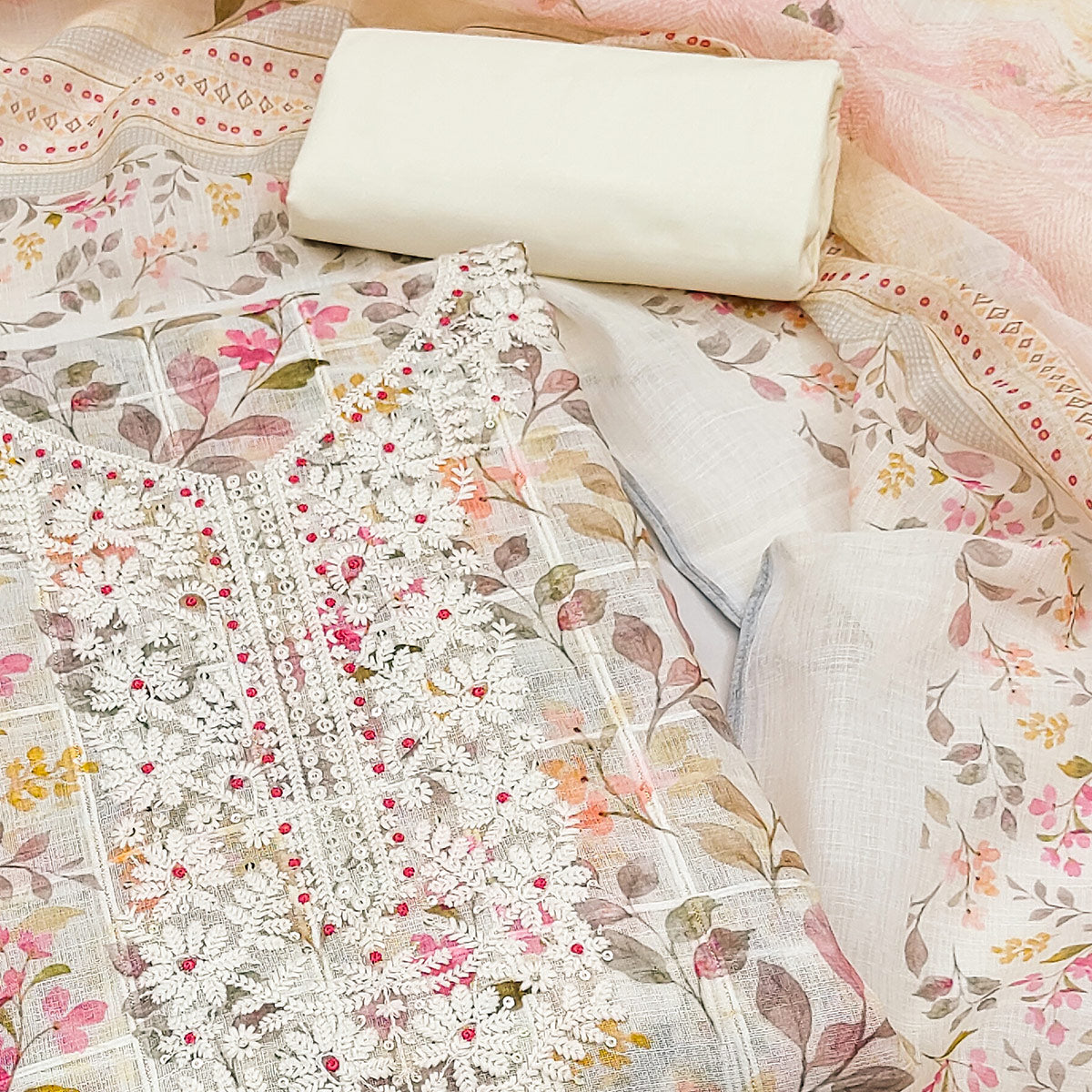 Cream Floral Printed With Embroidery Cotton Blend Dress Material