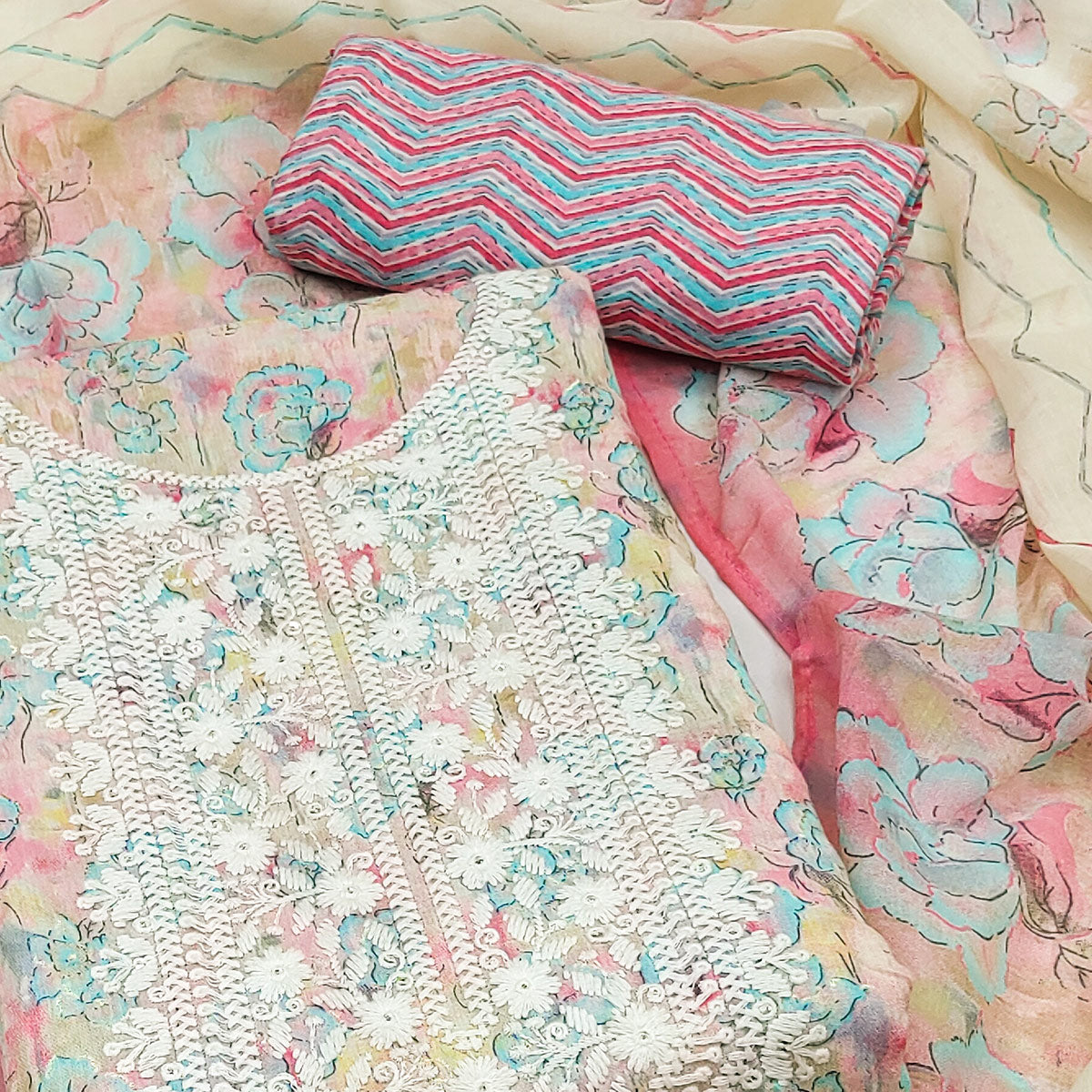 Pink Floral Printed With Embroidery Pure Cotton Dress Material