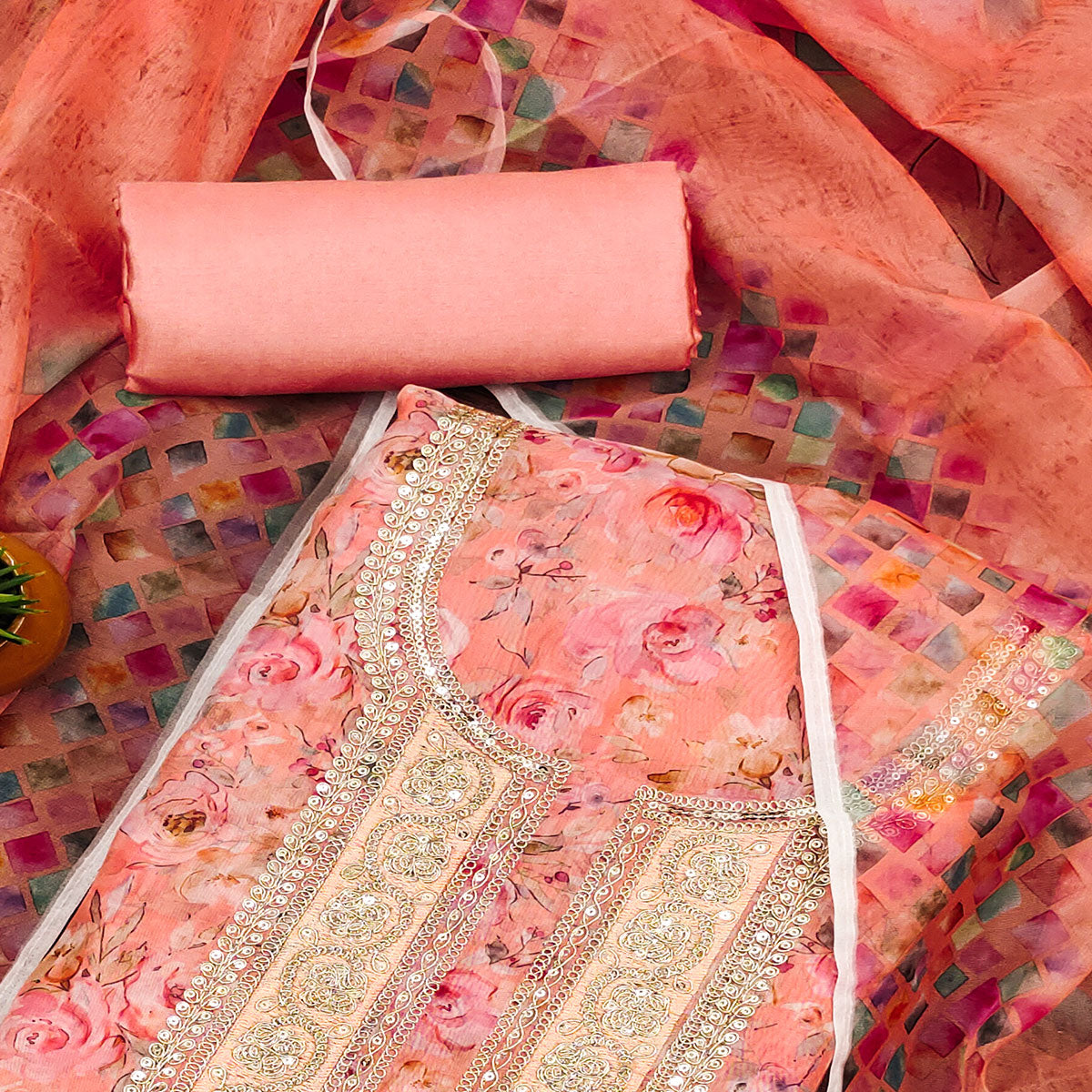 Peach Floral Printed Organza Dress Material