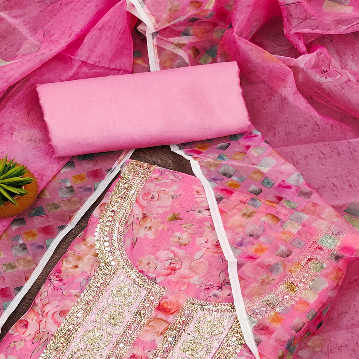 Pink Floral Printed Organza Dress Material