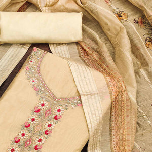 Beige Floral Embroidered Chanderi Dress Material
