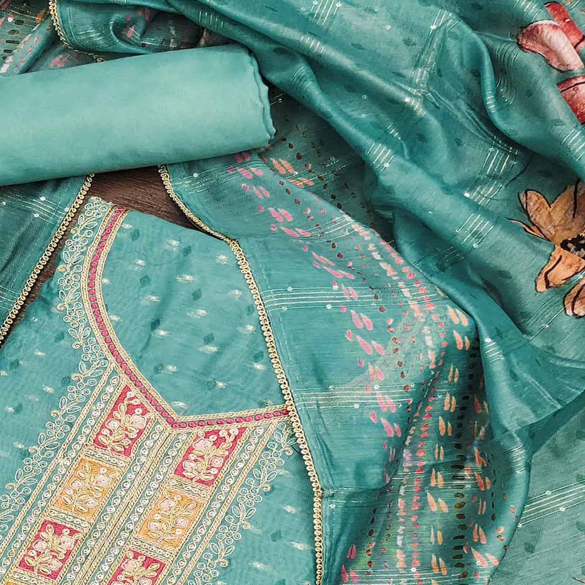 Turquoise Floral Printed With Embroidered Chanderi Dress Material
