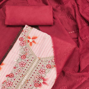 Peach Floral Printed With Embroidered Pure Cotton Dress Material