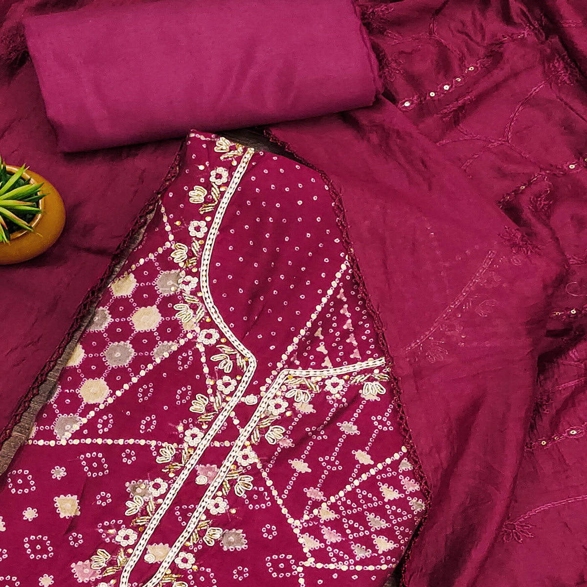 Pink Foil Printed With Handwork Embroidered Pure Cotton Dress Material