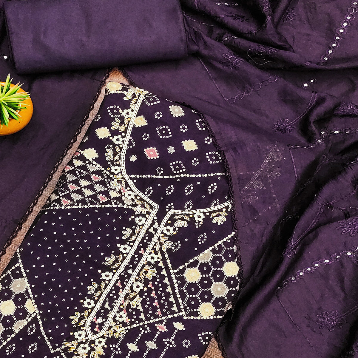 Purple Foil Printed With Handwork Embroidered Pure Cotton Dress Material