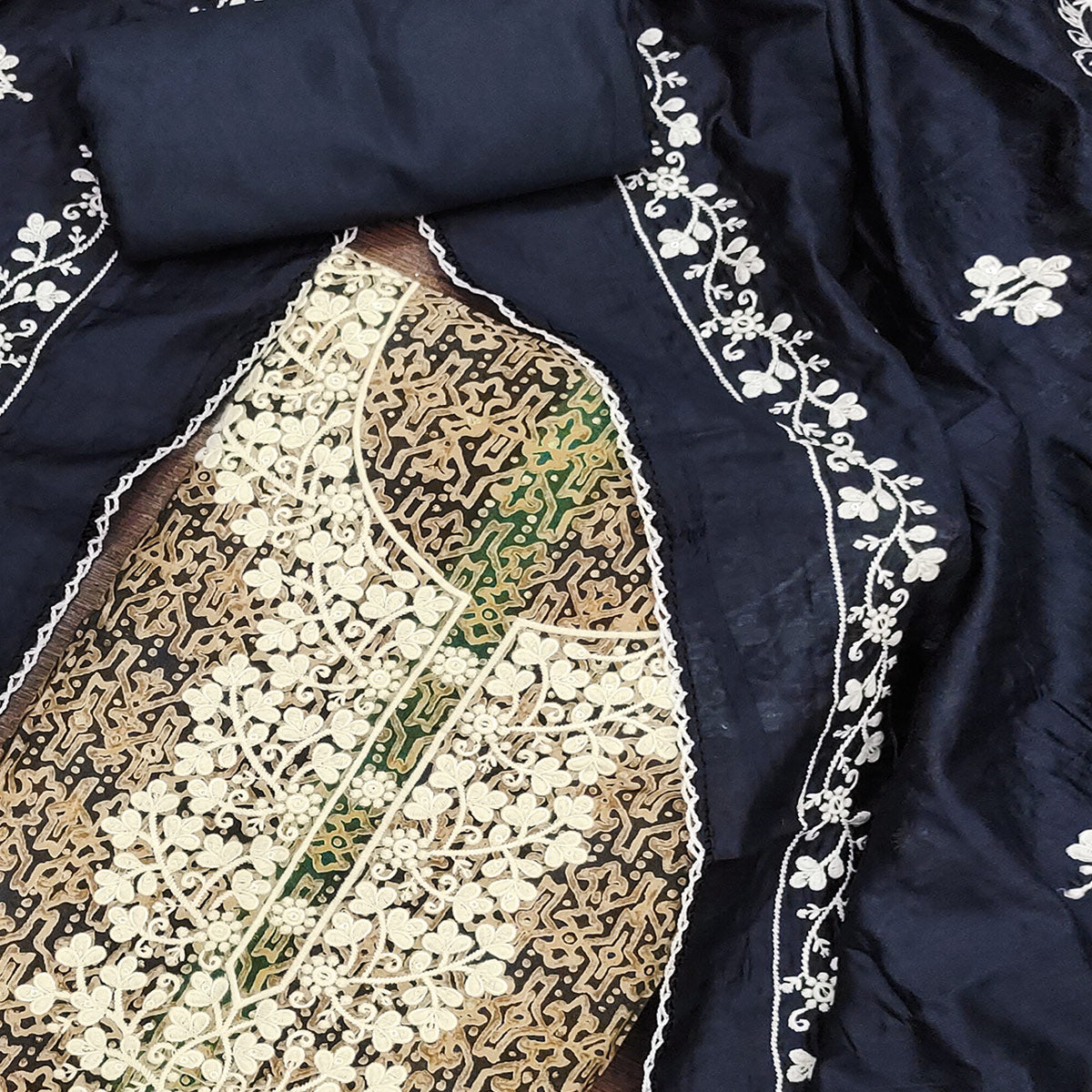 Navy Blue Floral Embroidered With Printed Pure Cotton Dress Material