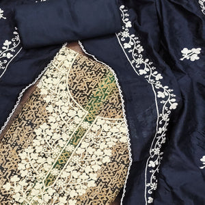 Navy Blue Floral Embroidered With Printed Pure Cotton Dress Material