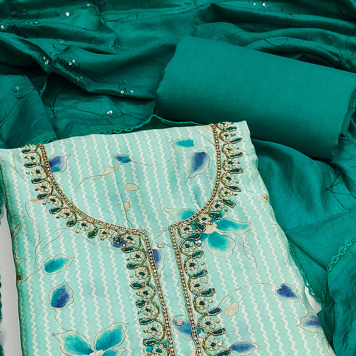 Turquoise Floral Printed Cotton Silk Dress Material