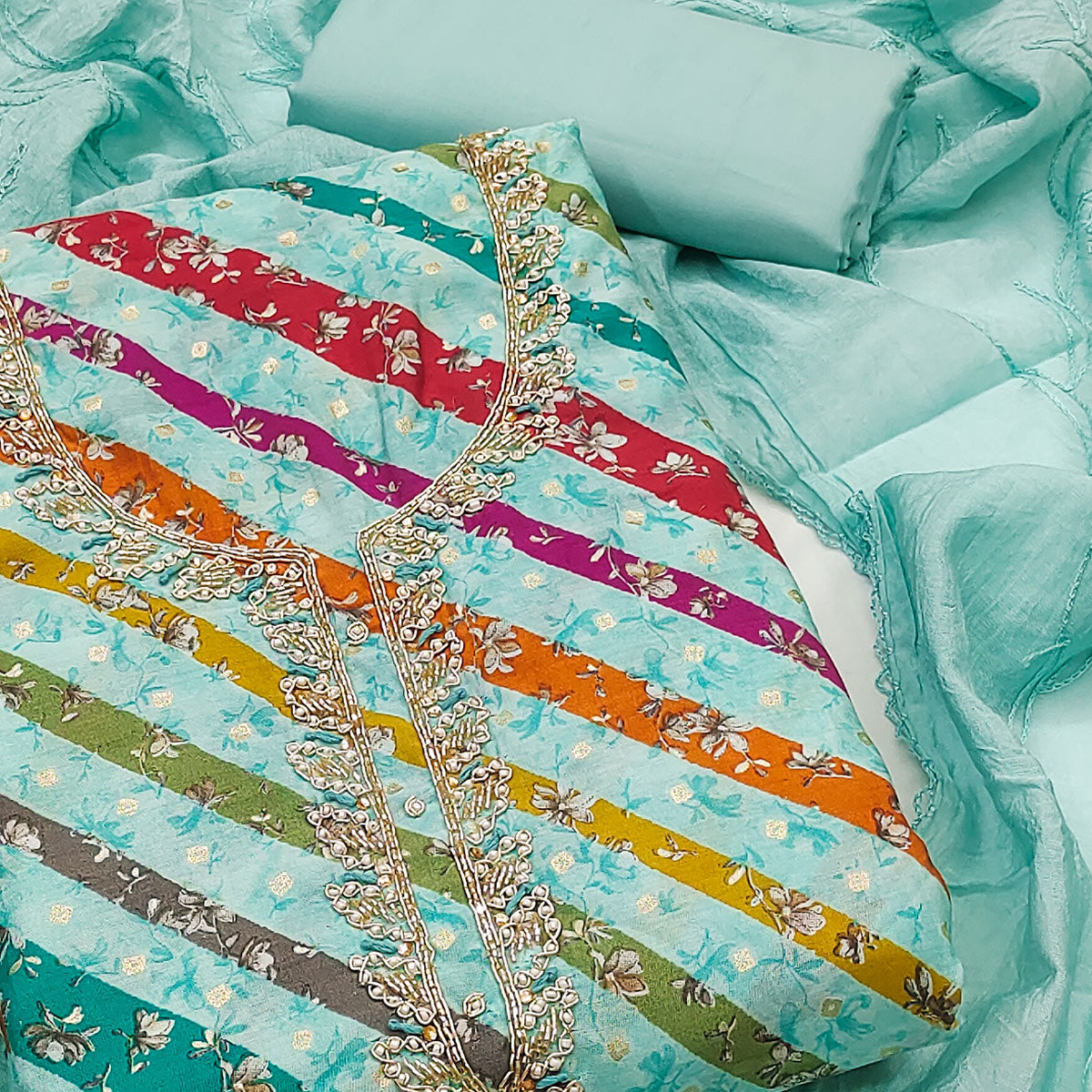 Turquoise Striped Printed Pure Cotton Dress Material