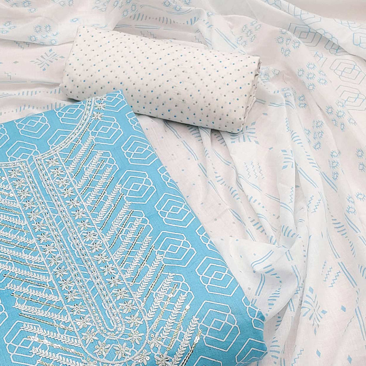 Blue Printed With Yoke Embroidered Pure Cotton Dress Material