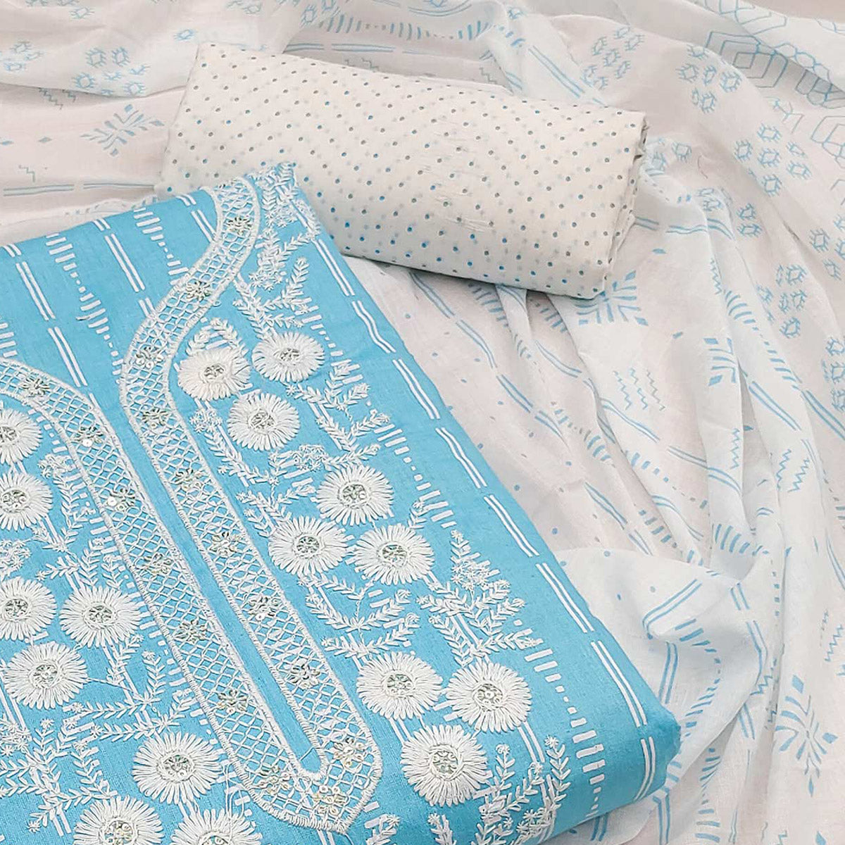 Blue Printed With Yoke Embroidered Pure Cotton Dress Material