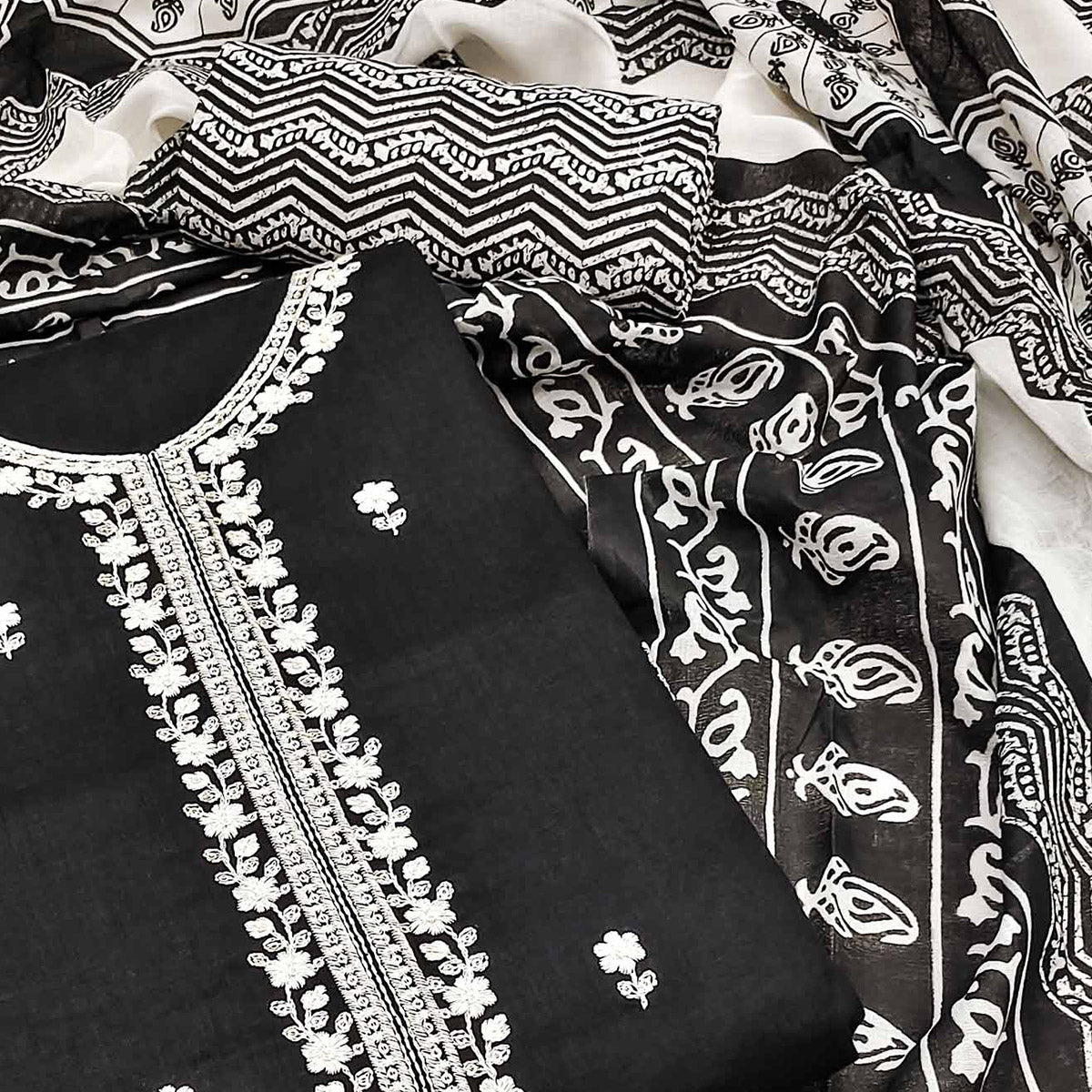 Black Embroidered Pure Cotton Dress Material