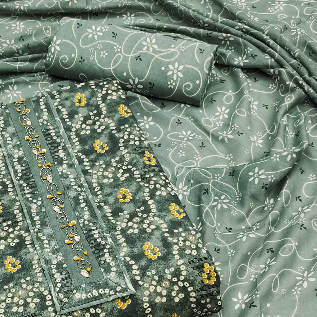 Dusty Green Bandhani Printed Pure Cotton Dress Material