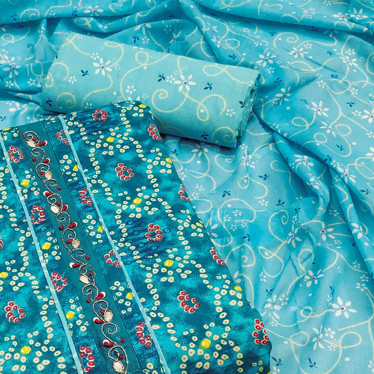 Teal Bandhani Printed Pure Cotton Dress Material