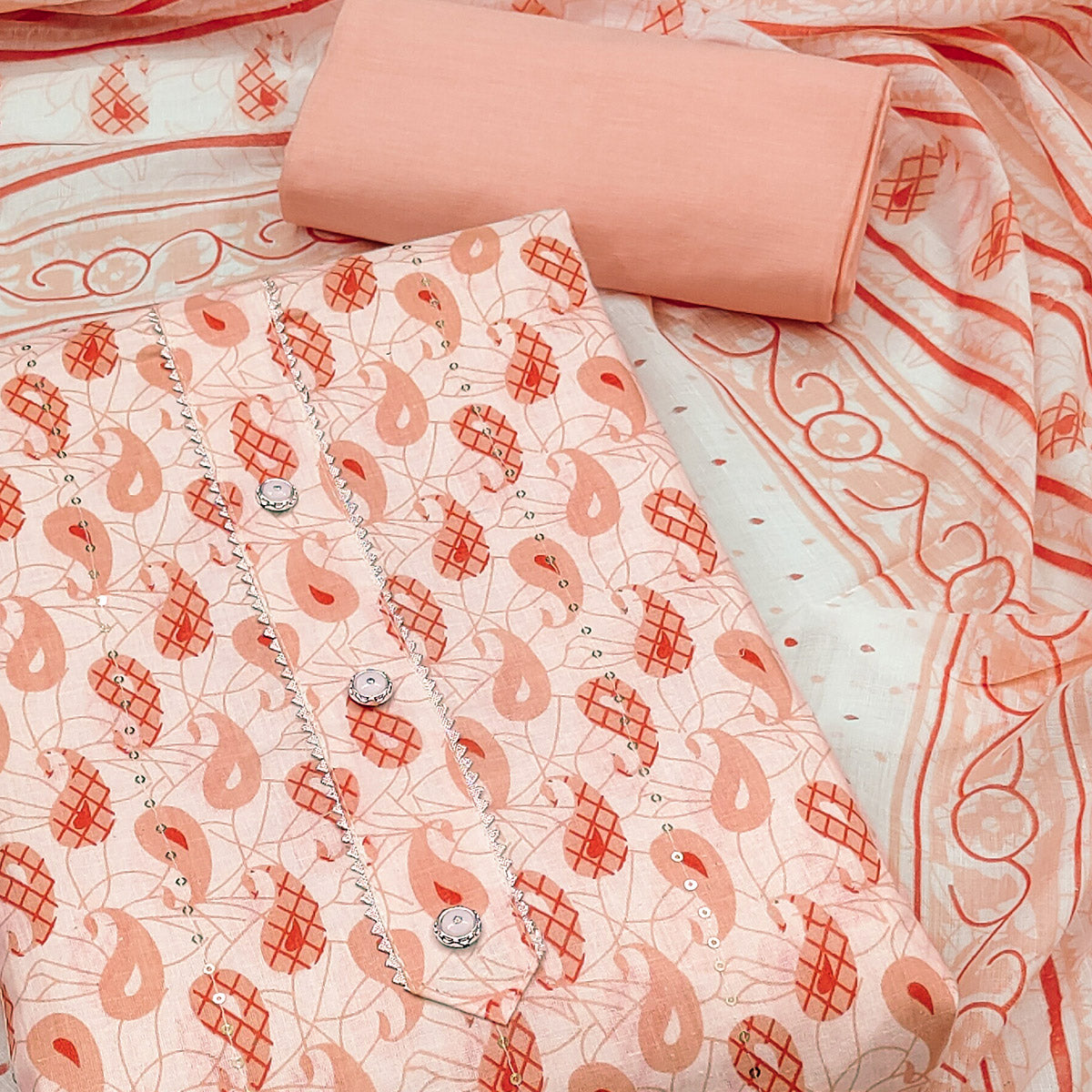 Peach Printed With Sequins Work Pure Cotton Dress Material