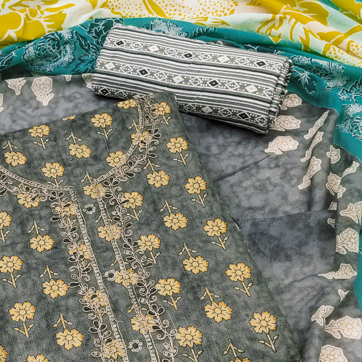 Grey Floral Printed Pure Cotton Dress Material