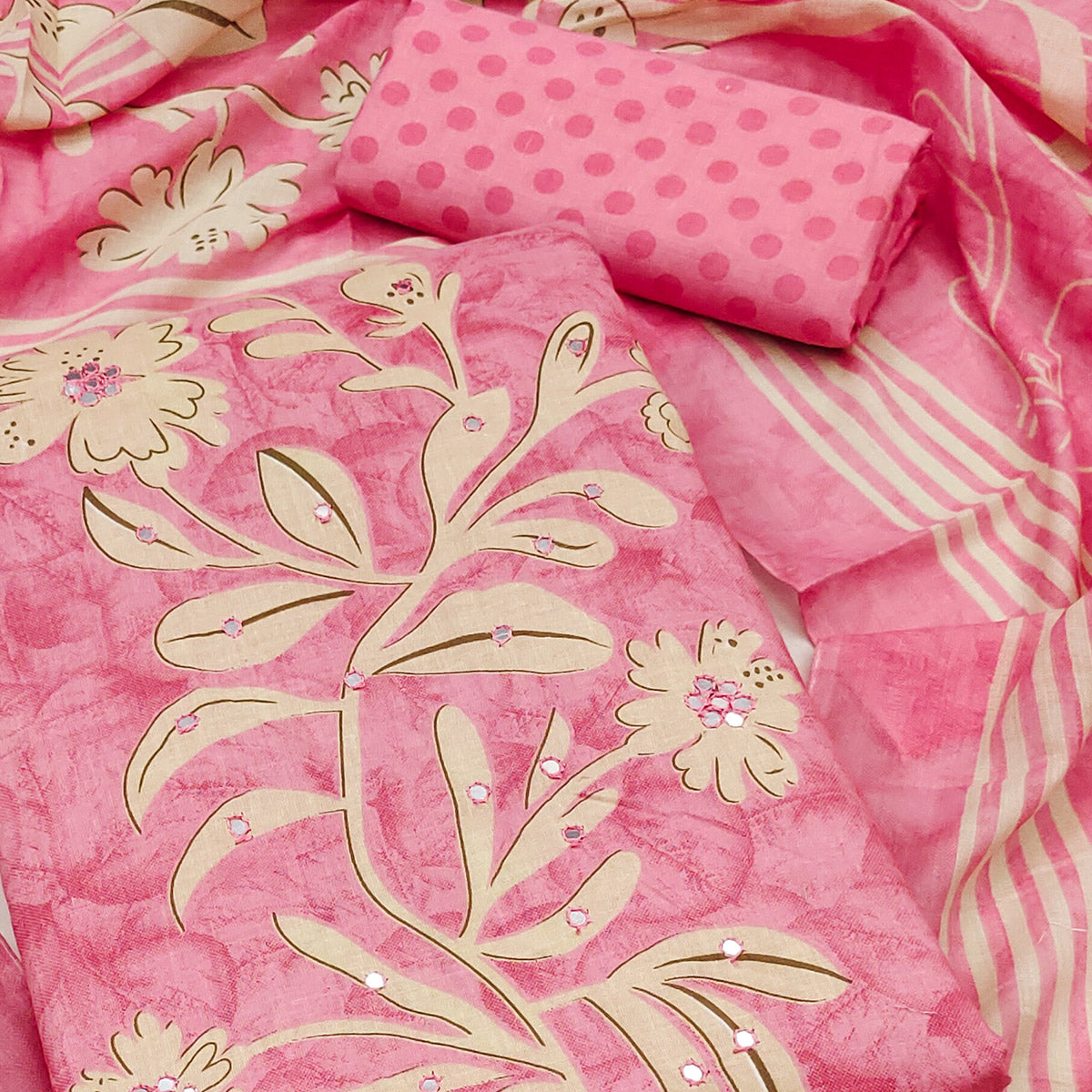 Pink Floral Printed Mirror Work Pure Cotton Dress Material