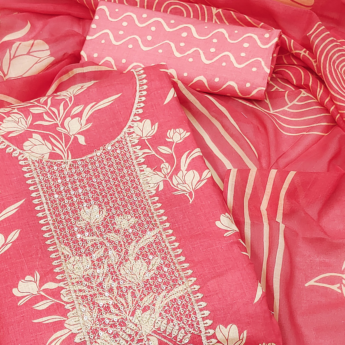 Gajri Pink Printed With Sequins Work Pure Cotton Dress Material