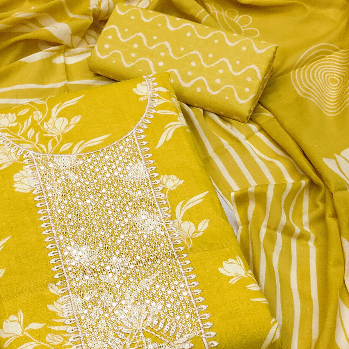 Mustard Printed With Sequins Work Pure Cotton Dress Material