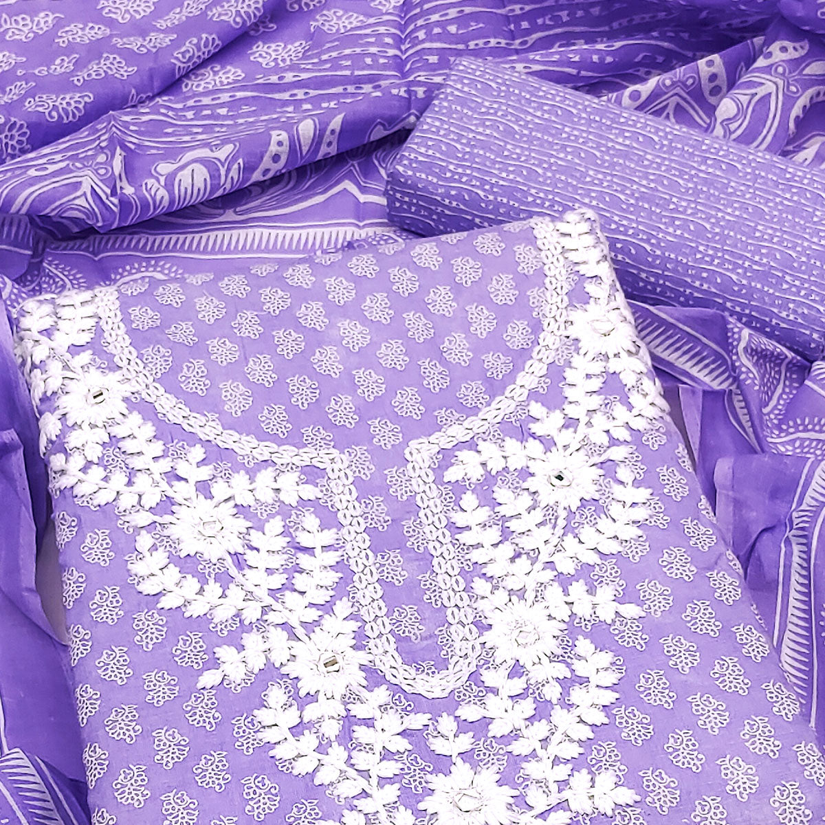 Lavender Pure Cotton Dress Material with Artistic Neck Embroidery and Subtle Printed Motifs
