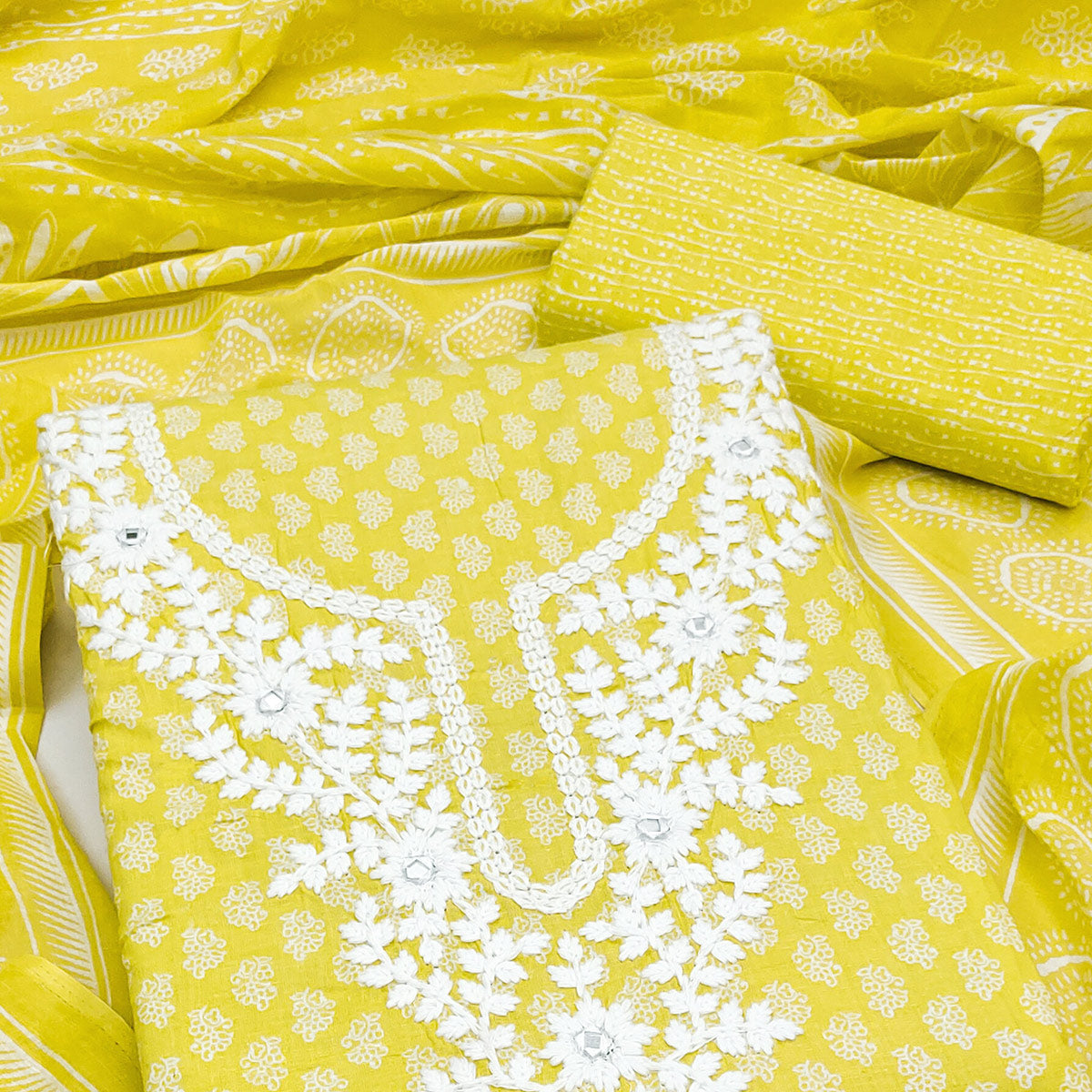 Yellow Pure Cotton Dress Material with Artistic Neck Embroidery and Subtle Printed Motifs