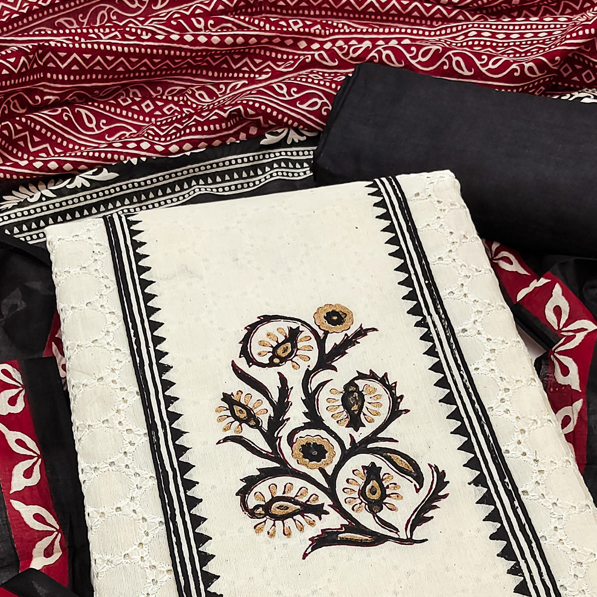 Off White & Black Dress Material in Pure Cotton with Schiffli Detailing and Handblock Motifs