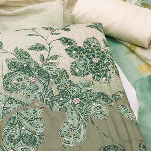 Green & Mint Floral Print Cotton Fabric with Intricate Beads Work