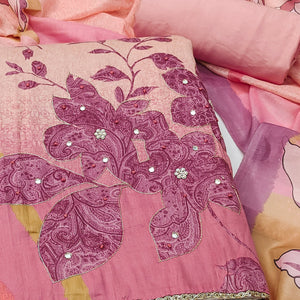 Pink & Peach Floral Print Cotton Fabric with Intricate Beads Work