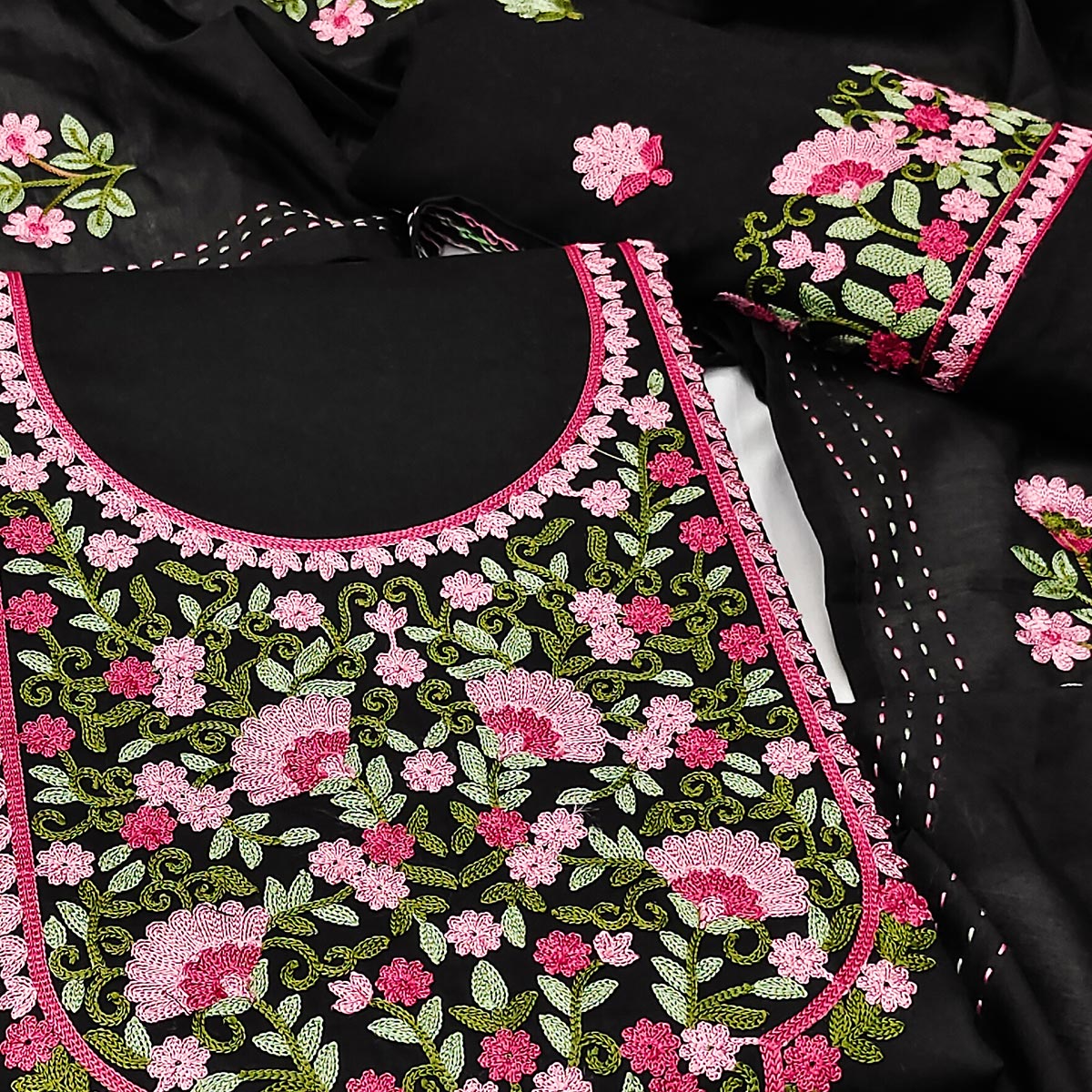 Unstitched Black Cotton Fabric with Graceful Floral Embroidery
