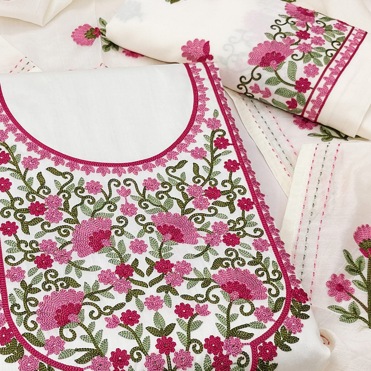 Unstitched Off-White Cotton Fabric with Graceful Floral Embroidery