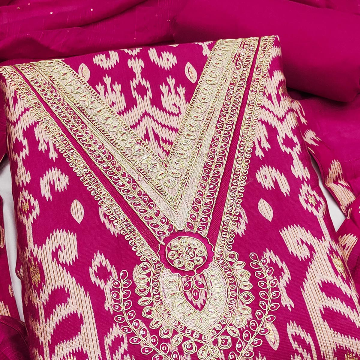Graceful Pink Ikkat Cotton Blend Dress Material Showcasing Cording Embroidery & Sequins