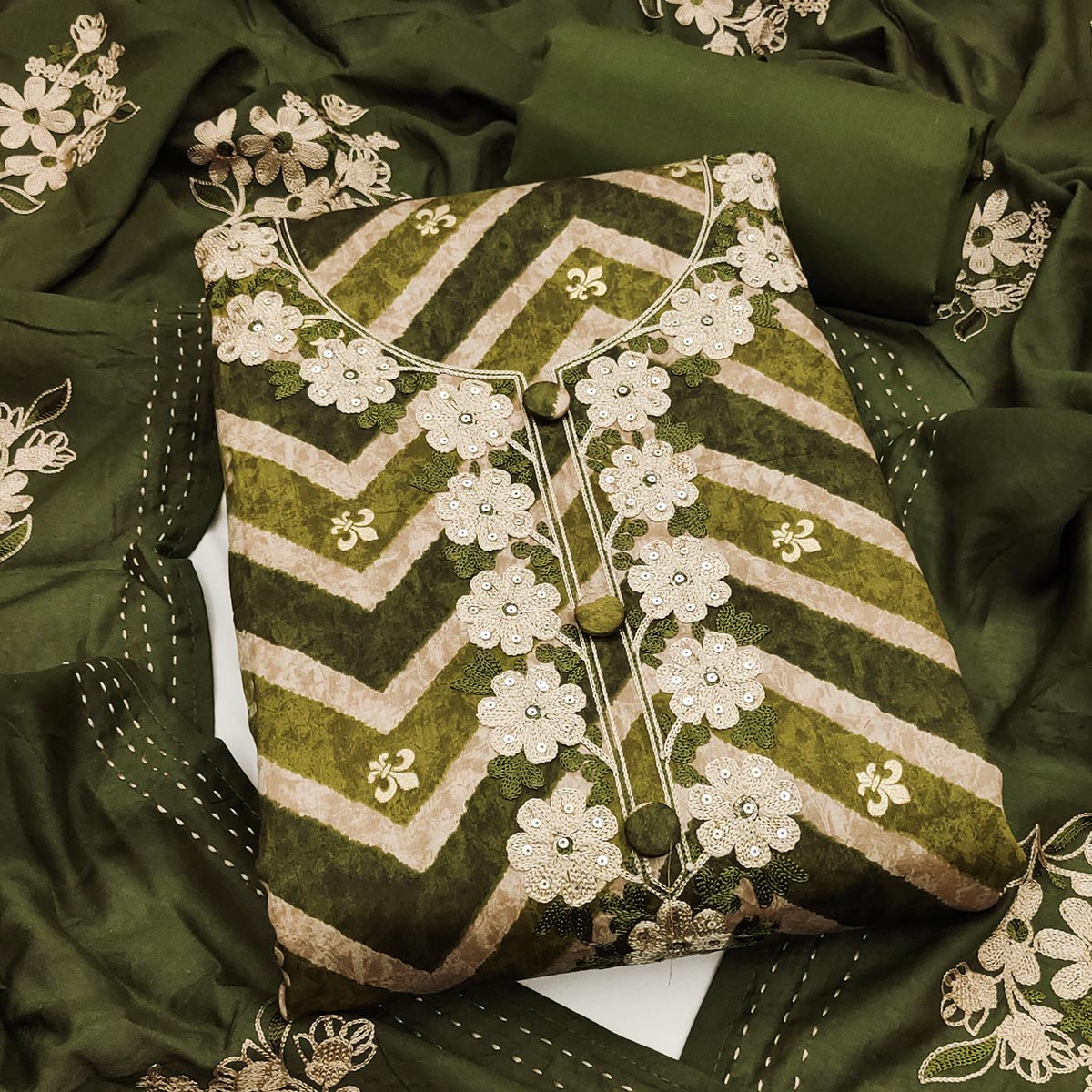 Artistic Green Zig Zag Print Cotton Blend Dress Material Accented With Floral Embroidery & Sequins