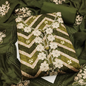 Artistic Green Zig Zag Print Cotton Blend Dress Material Accented With Floral Embroidery & Sequins