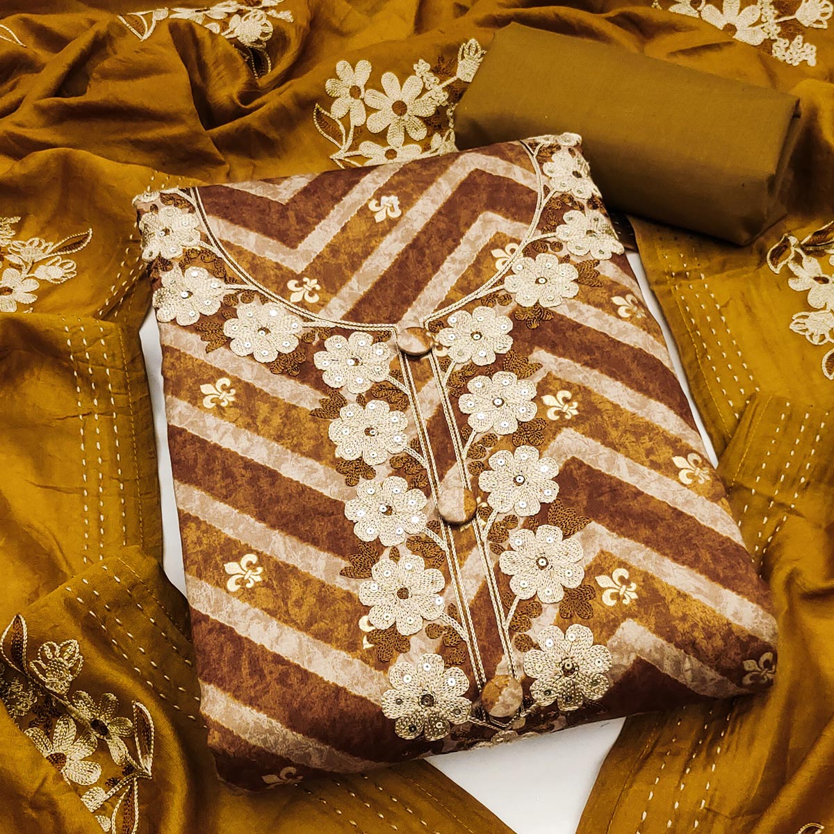 Artistic Mustard Zig Zag Print Cotton Blend Dress Material Accented With Floral Embroidery & Sequins