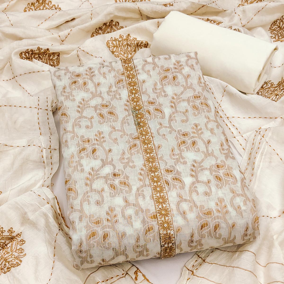 Elegant Offwhite Cotton Blend Dress Material Featuring Floral & Paisley Prints With Embroidery Work