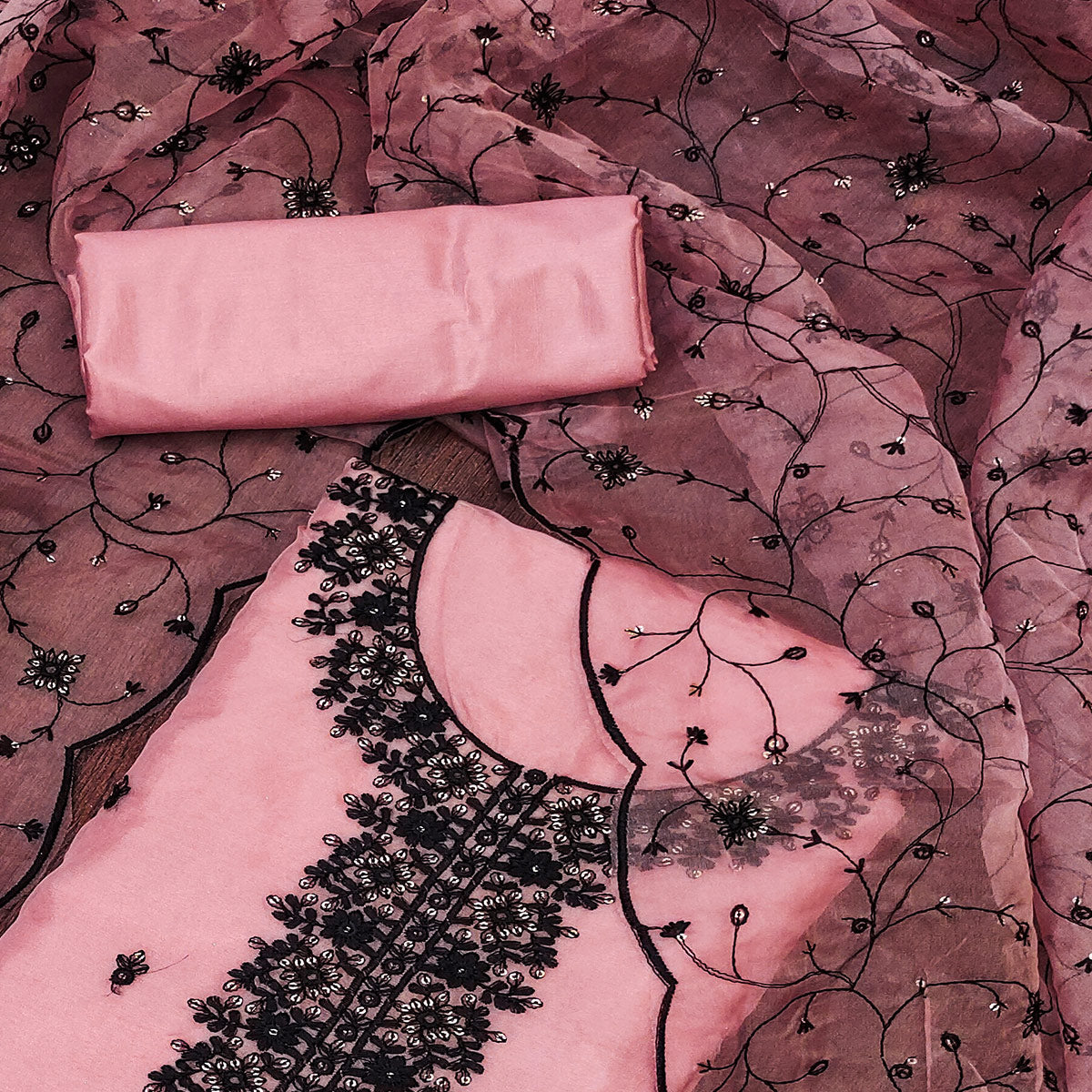 Pink Floral Embroidered Organza Dress Material