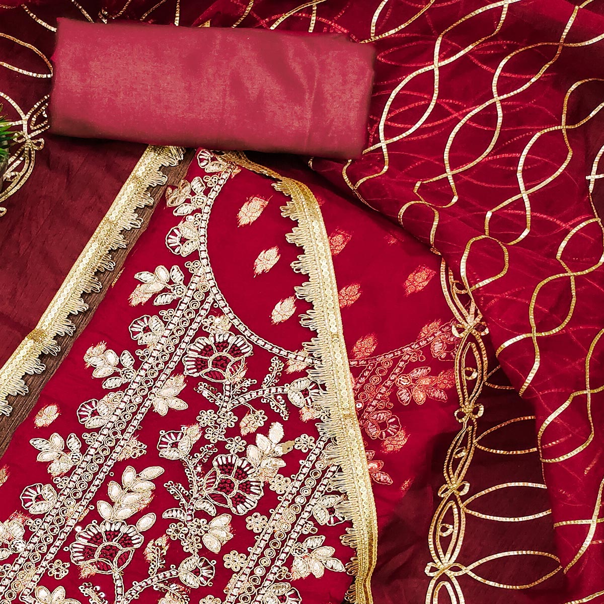 Red Floral Woven Organza Dress Material