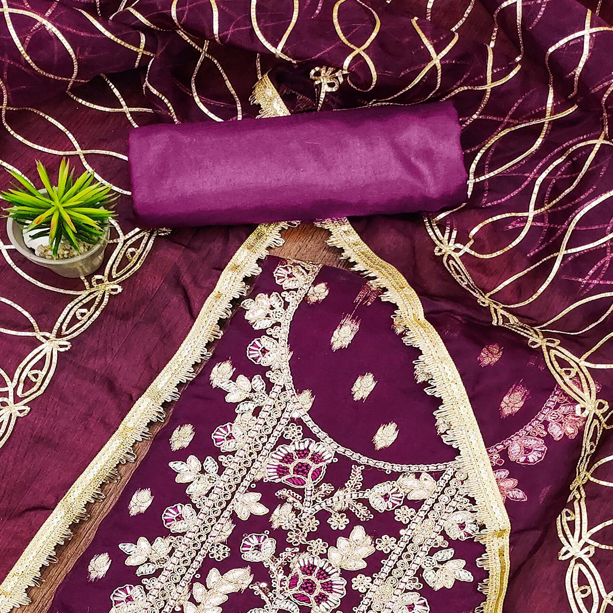 Wine Floral Woven Organza Dress Material