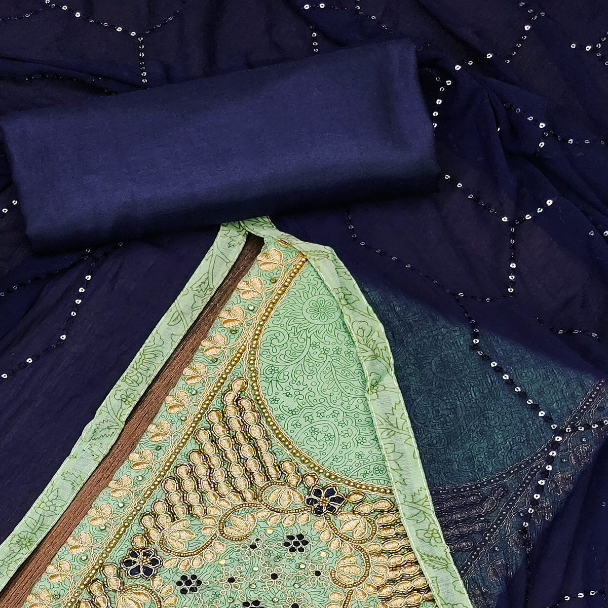 Green Floral Printed Chanderi Dress Material