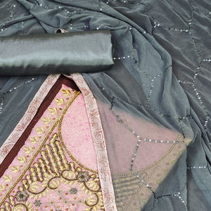 Pink Floral Printed Chanderi Dress Material