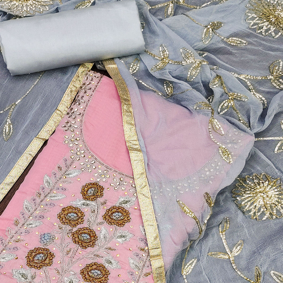 Pink Floral Embroidered Chanderi Dress Material