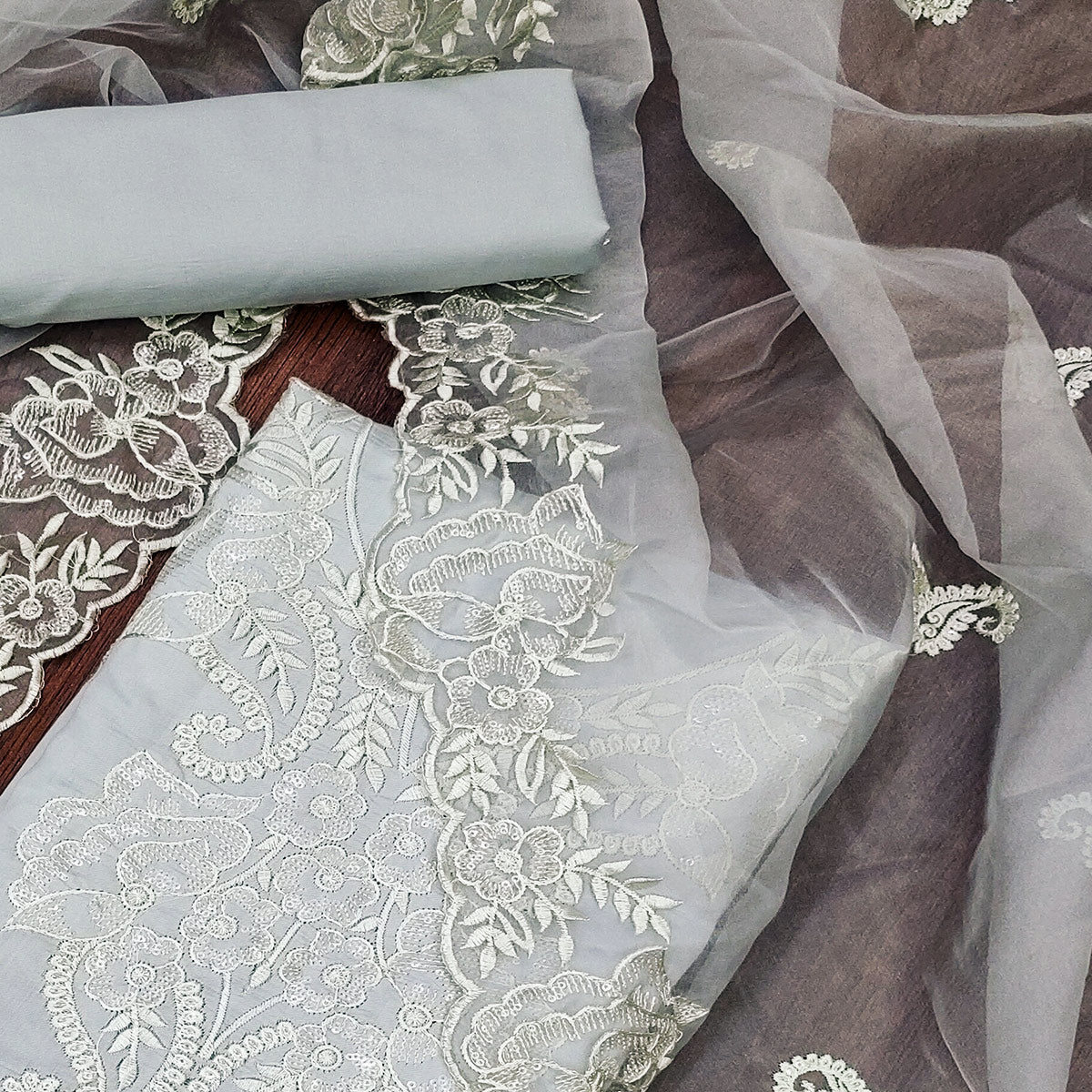Grey Floral Embroidered Cotton Blend Dress Material