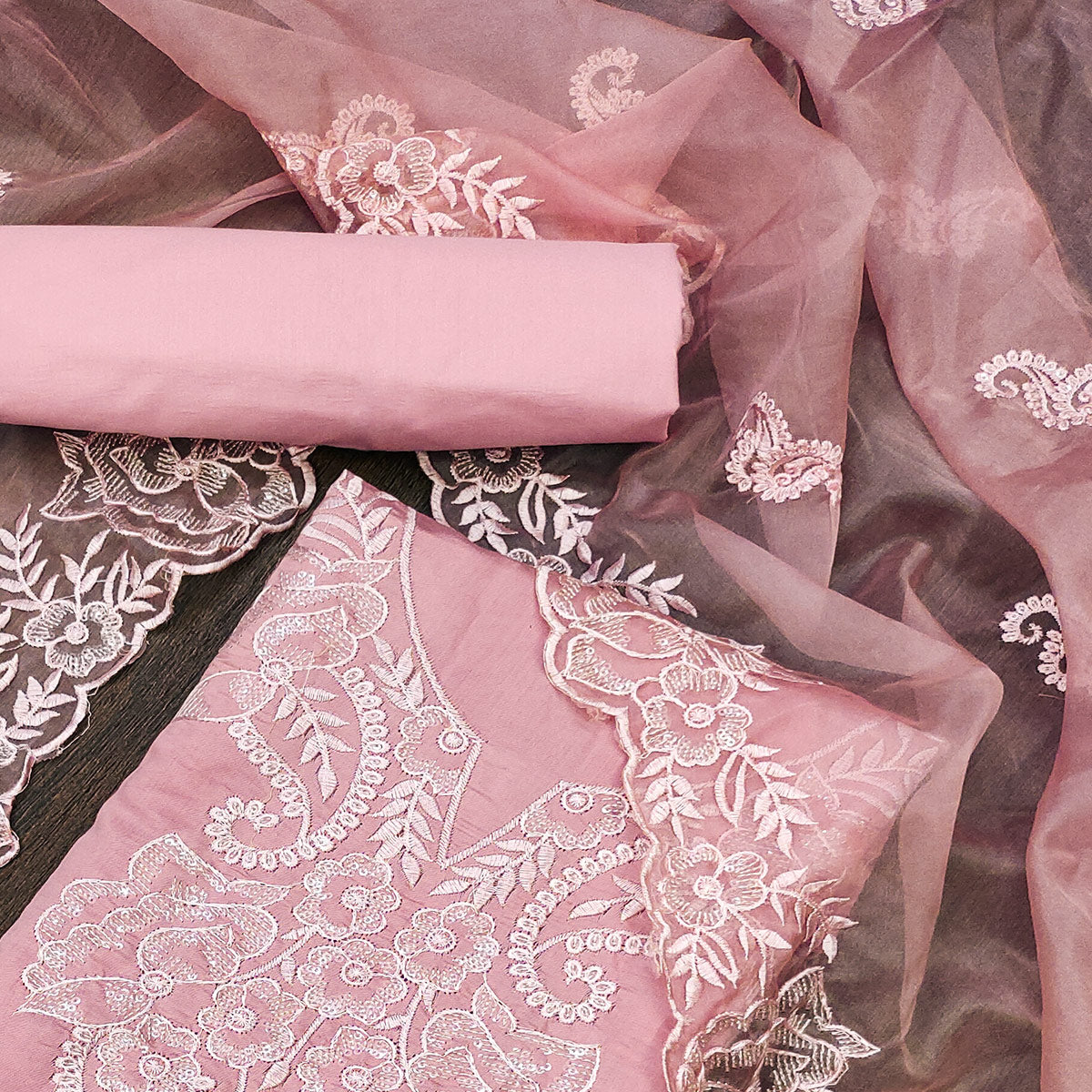 Pink Floral Embroidered Cotton Blend Dress Material