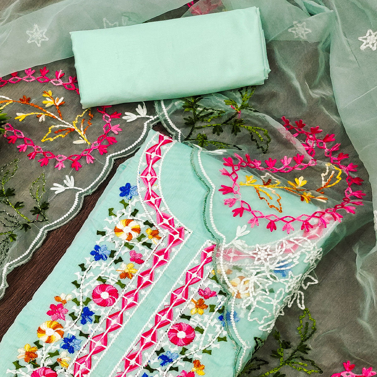 Blue Floral Embroidered Chanderi Dress Material