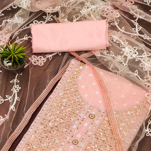 Peach Printed With Embroidered Chanderi Dress Material
