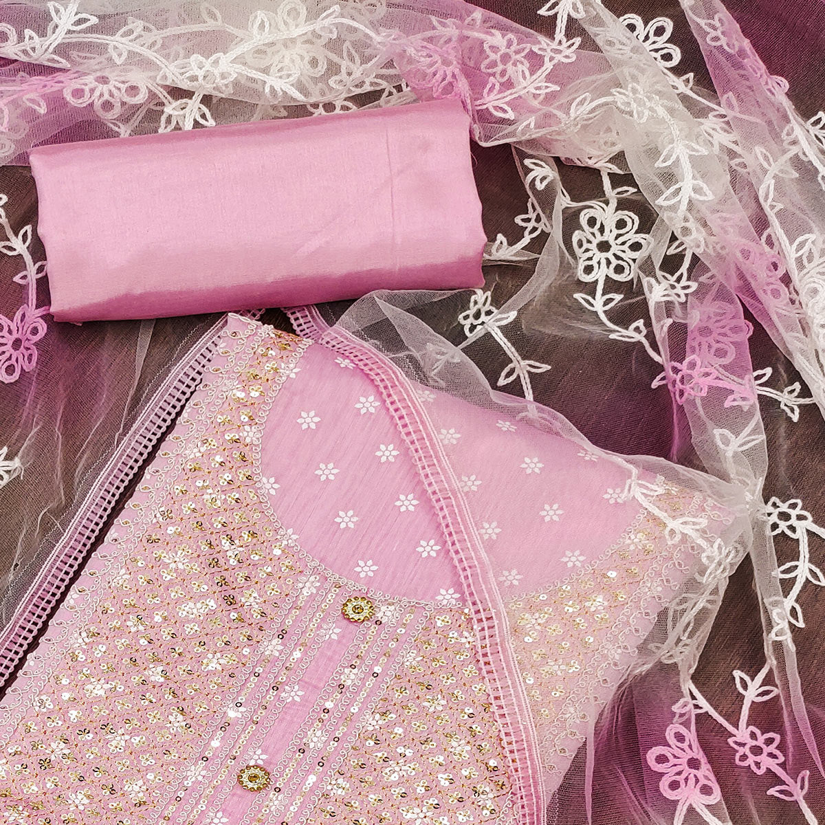 Pink Printed With Embroidered Chanderi Dress Material