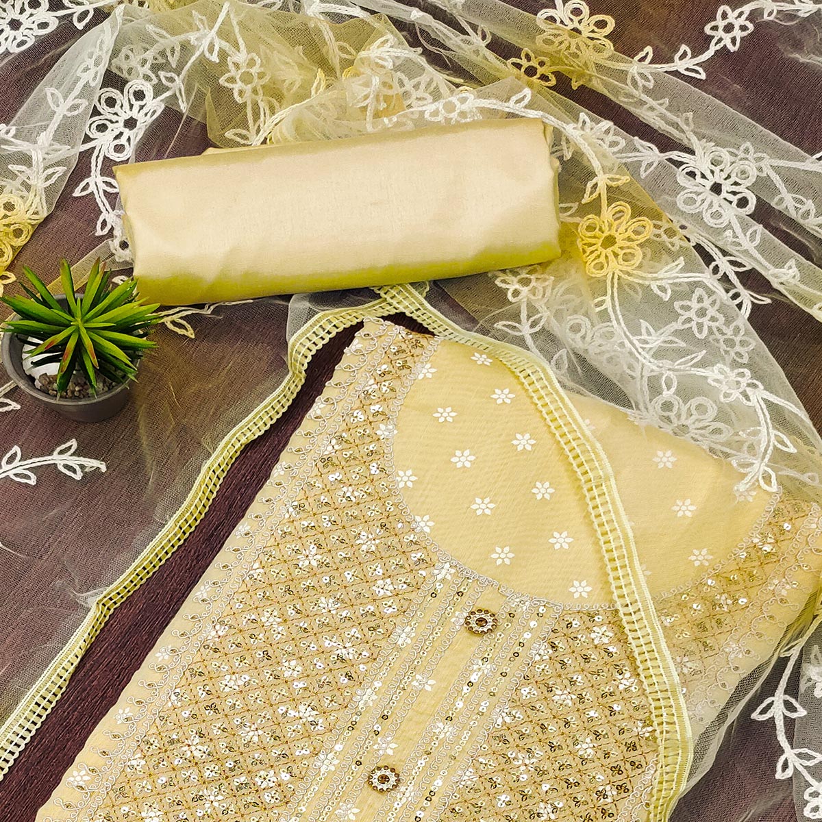 Yellow Printed With Embroidered Chanderi Dress Material